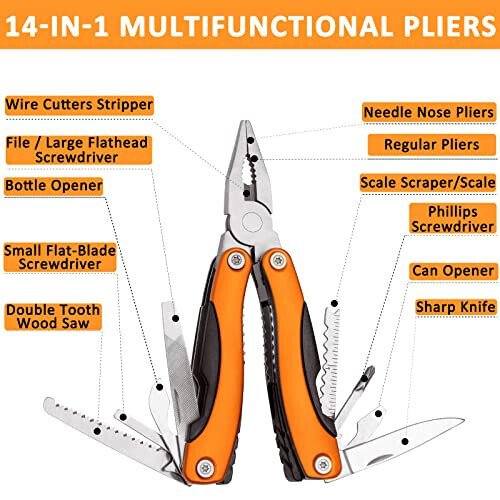 AUTODECO 98 PCS Roadside Car Emergency Assistance Kit with Portable Air Compressor Jumper Cables Safety Hammer All in One Pliers Tool Set（Orange） - 5