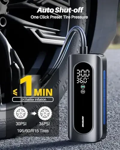 AUTOONE Shinalar uchun portativ havo kompressori, shinalar bosimi o'lchagichi bilan avtomobil shinalari uchun 150PSI havo pompasi, avtomobil, mototsikl, velosiped, to'p va boshqalar uchun 3 barobar tezroq bitta chertishli aqlli simsiz shinalar havo pompasi. - 1