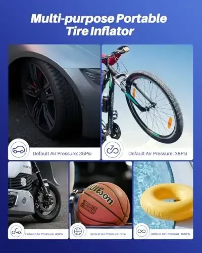 AUTOONE Shinalar uchun portativ havo kompressori, shinalar bosimi o'lchagichi bilan avtomobil shinalari uchun 150PSI havo pompasi, avtomobil, mototsikl, velosiped, to'p va boshqalar uchun 3 barobar tezroq bitta chertishli aqlli simsiz shinalar havo pompasi. - 4