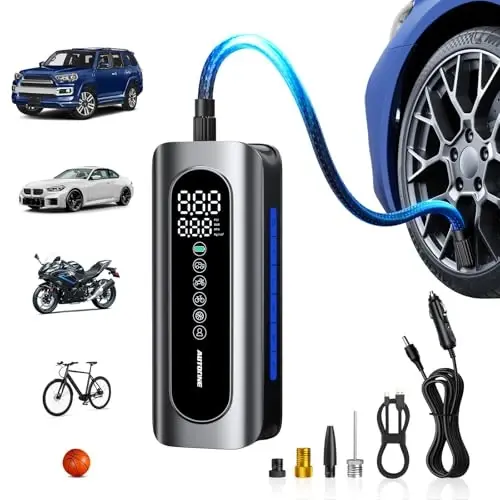 AUTOONE Tire Inflator Portable Air Compressor - 4X Faster 150PSI Cordless Air Pump with Digital Tire Pressure Gauge, 12V Car Power Adapter - for Car Motorcycle Bike Ball and More - 1
