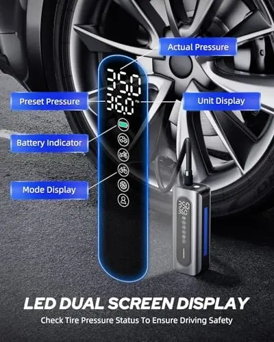 AUTOONE Tire Inflator Portable Air Compressor - 4X Faster 150PSI Cordless Air Pump with Digital Tire Pressure Gauge, 12V Car Power Adapter - for Car Motorcycle Bike Ball and More - 3