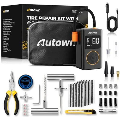 AUTOWN Flat Tire Repair Kit with Air Compressor 54 Pieces for Car, Motorcycle, ATV, Jeep, Truck, Tractor Flat Tire Repair (54PCS) - 1