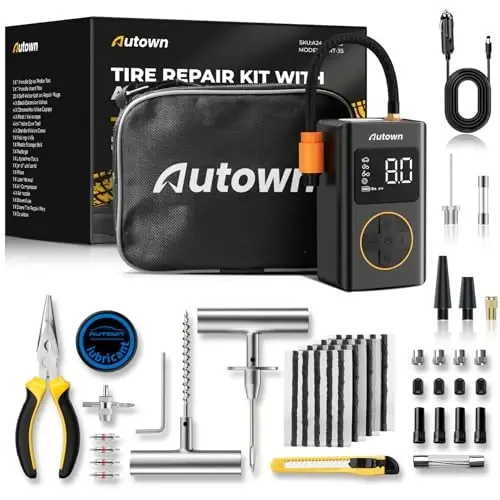 AUTOWN Flat Tire Repair Kit with Air Compressor 54 Pieces for Car, Motorcycle, ATV, Jeep, Truck, Tractor Flat Tire Repair (54PCS) - 1