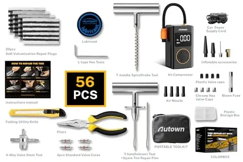 AUTOWN Flat Tire Repair Kit with Air Compressor 54 Pieces for Car, Motorcycle, ATV, Jeep, Truck, Tractor Flat Tire Repair (54PCS) - 2