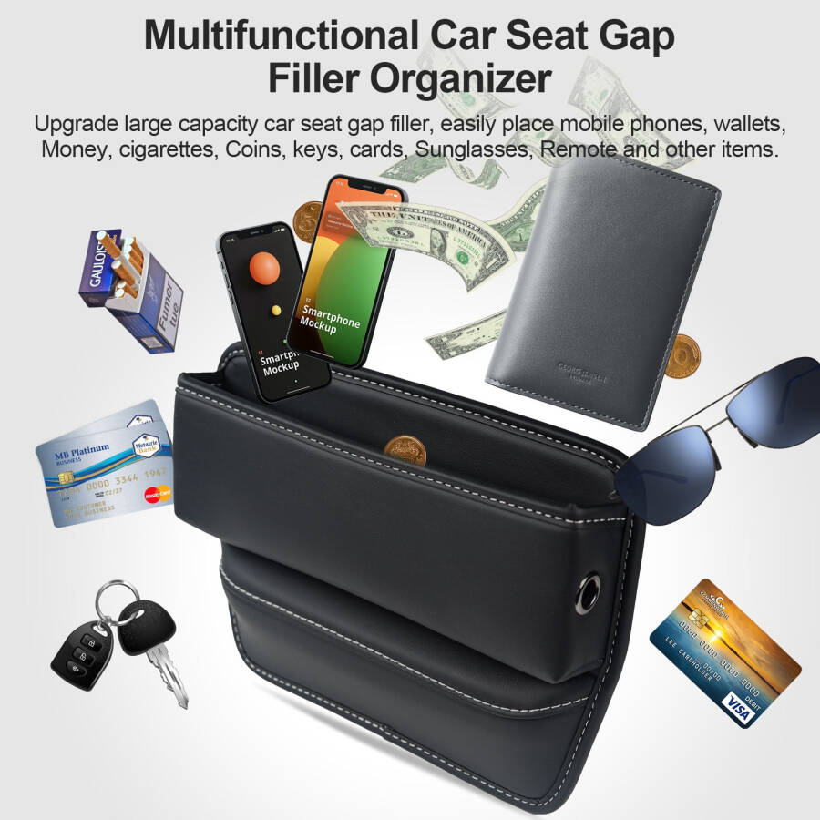 AUTOXBERT Car Seat Gap Filler Catcher Storage Organizer Box PU for Small Items Cellphone Hole - 2