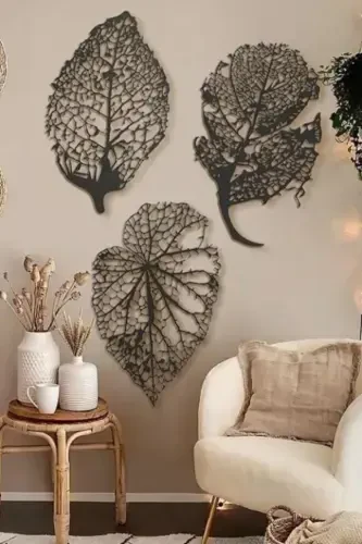 Autumn Leaf 3 Piece Black Wooden Wall Art Large Size Decoration Living Room Office Stylish Design Leaf Decorative - 1