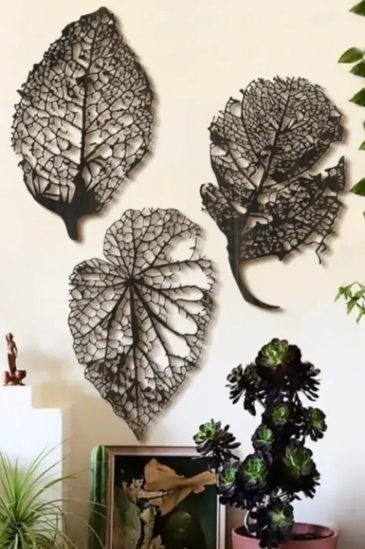 Autumn Leaf 3 Piece Black Wooden Wall Art Large Size Decoration Living Room Office Stylish Design Leaf Decorative - 2