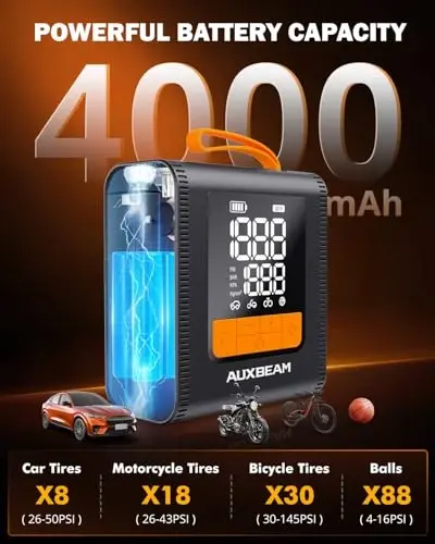 AUXBEAM H4 Series Tire Inflator Portable Air Compressor(Amber) | 150PSI, 2 in 1 Rechargeable, 4 Preset Inflation Modes, 12V Air Pump for Car, Motorcycle, Bike, Ball - 2