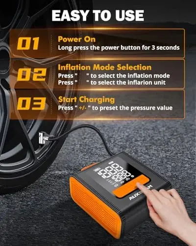 AUXBEAM H4 Series Tire Inflator Portable Air Compressor(Amber) | 150PSI, 2 in 1 Rechargeable, 4 Preset Inflation Modes, 12V Air Pump for Car, Motorcycle, Bike, Ball - 3