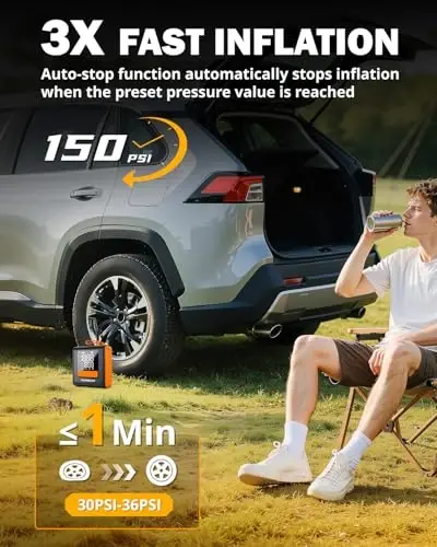 AUXBEAM H4 Series Tire Inflator Portable Air Compressor(Amber) | 150PSI, 2 in 1 Rechargeable, 4 Preset Inflation Modes, 12V Air Pump for Car, Motorcycle, Bike, Ball - 4