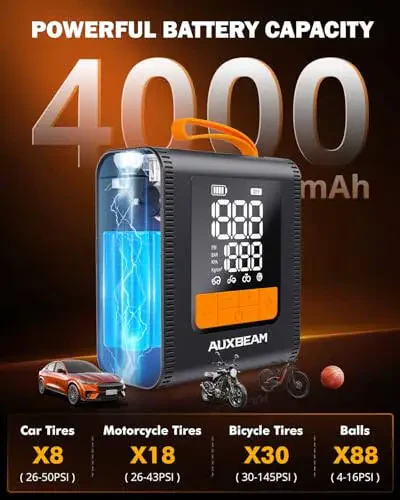 AUXBEAM H4 Taşınabilir Hava Pompası, 150 PSI 4000 mAh Araba Lastiği Şişirme Pompası, 12V 4 Önceden ayarlanmış Şişirme Modu, Kablosuz Akıllı Hava Pompası, Araba, Motosiklet, Bisiklet, Top için LCD Ekranlı - 2