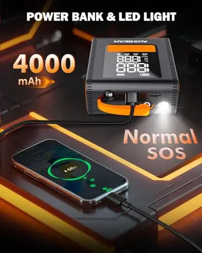 AUXBEAM H4 Taşınabilir Hava Pompası, 150 PSI 4000 mAh Araba Lastiği Şişirme Pompası, 12V 4 Önceden ayarlanmış Şişirme Modu, Kablosuz Akıllı Hava Pompası, Araba, Motosiklet, Bisiklet, Top için LCD Ekranlı - 6