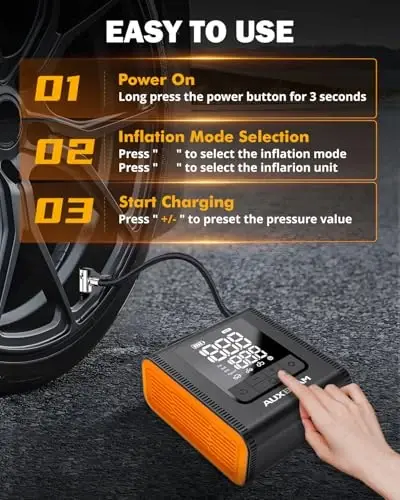 AUXBEAM H4Pro Tire Inflator Portable Air Compressor,150PSI 2 in 1 Rechargeable 5200mAh Car Tire Inflator Portable 4 Preset Inflation Modes 12V Air Pump With LCD Screen for Car, Motorcycle, Bike, Ball - 4