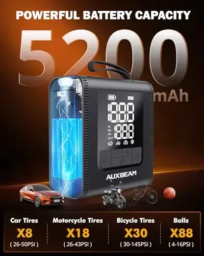 AUXBEAM H4Pro Накачка Шин Портативный Воздушный Компрессор, 150PSI 2 в 1 Перезаряжаемый 5200mAh Автомобильный Накачка Шин Портативный 4 Предустановленных Режима Накачки 12V Воздушный Насос С ЖК-Экраном для Автомобиля, Мотоцикла, Велосипеда, Мяча - AUXBEAM (1)