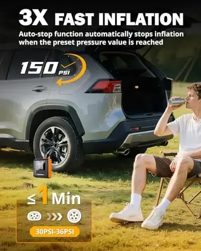 AUXBEAM H4Pro Накачка Шин Портативный Воздушный Компрессор, 150PSI 2 в 1 Перезаряжаемый 5200mAh Автомобильный Накачка Шин Портативный 4 Предустановленных Режима Накачки 12V Воздушный Насос С ЖК-Экраном для Автомобиля, Мотоцикла, Велосипеда, Мяча - 3