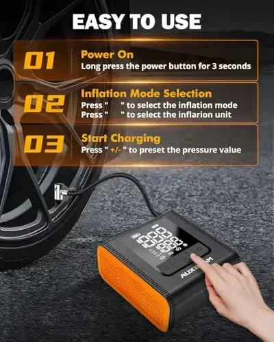 AUXBEAM H4Pro Накачка Шин Портативный Воздушный Компрессор, 150PSI 2 в 1 Перезаряжаемый 5200mAh Автомобильный Накачка Шин Портативный 4 Предустановленных Режима Накачки 12V Воздушный Насос С ЖК-Экраном для Автомобиля, Мотоцикла, Велосипеда, Мяча - 4
