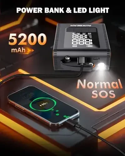 AUXBEAM H4Pro Накачка Шин Портативный Воздушный Компрессор, 150PSI 2 в 1 Перезаряжаемый 5200mAh Автомобильный Накачка Шин Портативный 4 Предустановленных Режима Накачки 12V Воздушный Насос С ЖК-Экраном для Автомобиля, Мотоцикла, Велосипеда, Мяча - 6