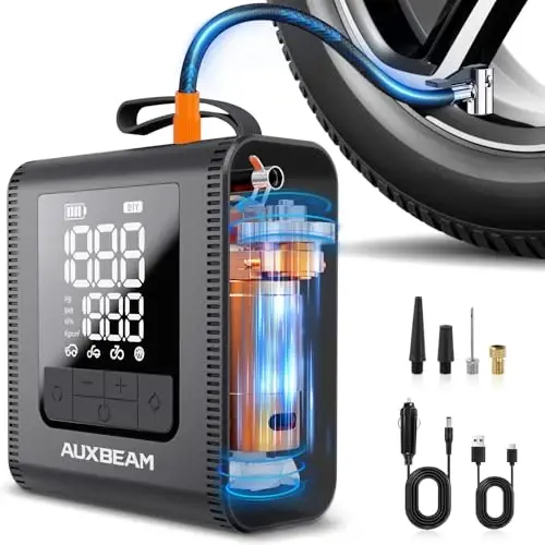AUXBEAM H4Pro Tire Inflator Portable Air Compressor,150PSI 2 in 1 Rechargeable 5200mAh Car Tire Inflator Portable 4 Preset Inflation Modes 12V Air Pump With LCD Screen for Car, Motorcycle, Bike, Ball - AUXBEAM