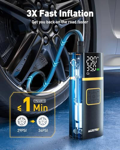 AUXITO Shinalar uchun portativ havo kompressori - Raqamli bosim o'lchagichli avtomobil shinalari uchun havo nasosi, simsiz qayta zaryadlanuvchi batareya, avtomobil mototsikli velosiped to'pi uchun favqulodda LED chiroq, 150PSI, Avtomatik to'xtash - 2