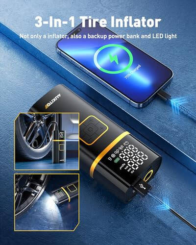 AUXITO Shinalar uchun portativ havo kompressori - Raqamli bosim o'lchagichli avtomobil shinalari uchun havo nasosi, simsiz qayta zaryadlanuvchi batareya, avtomobil mototsikli velosiped to'pi uchun favqulodda LED chiroq, 150PSI, Avtomatik to'xtash - 6