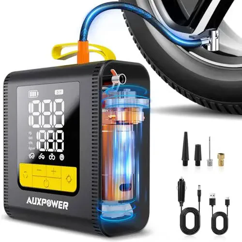 Auxpower H4 Tire Inflator Portable Air Compressor, 150PSI Fast Inflation Air Pump with Pressure Gauge, Auto-Shutoff and LED Light, 12V Cordless Tire Inflator for Car, Motorcycle, Bicycle, Balls - 1