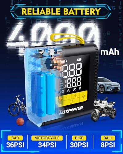 Auxpower H4 Shinani Puflatgich Portativ Havo Kompressori, 4000mAh&150PSI Havo Nasosi Avtomobil Uchun, 12V DC Simli Simsiz 2-in-1 Aqlli Nasos Shinani Puflatgich Avtomobil, Motosiklet, Velosiped, To'p Uchun Avtomatik O'chirish Bilan - Auxpower (1)