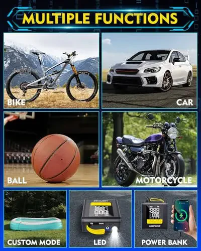 Auxpower H4 Shinani Puflatgich Portativ Havo Kompressori, 4000mAh&150PSI Havo Nasosi Avtomobil Uchun, 12V DC Simli Simsiz 2-in-1 Aqlli Nasos Shinani Puflatgich Avtomobil, Motosiklet, Velosiped, To'p Uchun Avtomatik O'chirish Bilan - 6