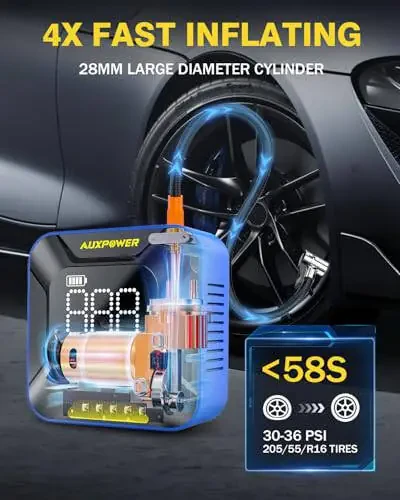 AUXPOWER Tire Inflator Portable Air Compressor, 28MM Big Cylinder Tire Pump for Car with Auto-Shutoff,150PSI &7800mAh Portable Cordless Tires Compressor for Pickup SUV MPV Car Mortorcycle Bike Ball - 1
