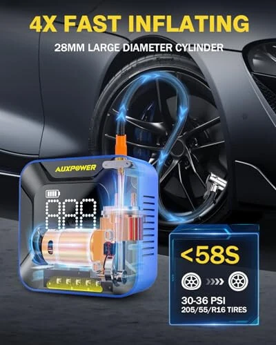 AUXPOWER Портативный компрессор для подкачки шин, 28-мм большой цилиндр, автомобильный насос с автоматическим отключением, 150 PSI и 7800 мАч, портативный беспроводной компрессор для шин для пикапа, внедорожника, минивэна, автомобиля, мотоцикла, велосипеда, мяча - 1