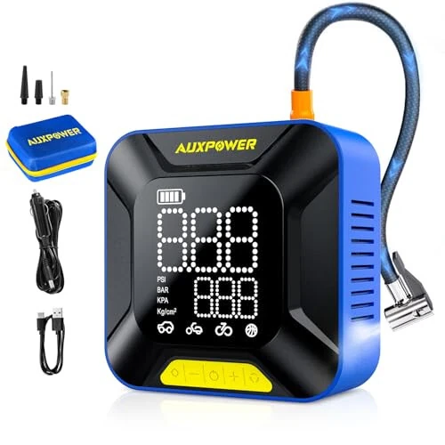 AUXPOWER Портативный компрессор для подкачки шин, 28-мм большой цилиндр, автомобильный насос с автоматическим отключением, 150 PSI и 7800 мАч, портативный беспроводной компрессор для шин для пикапа, внедорожника, минивэна, автомобиля, мотоцикла, велосипеда, мяча - 6