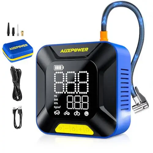 AUXPOWER Портативный компрессор для подкачки шин, 28-мм большой цилиндр, автомобильный насос с автоматическим отключением, 150 PSI и 7800 мАч, портативный беспроводной компрессор для шин для пикапа, внедорожника, минивэна, автомобиля, мотоцикла, велосипеда, мяча - 6
