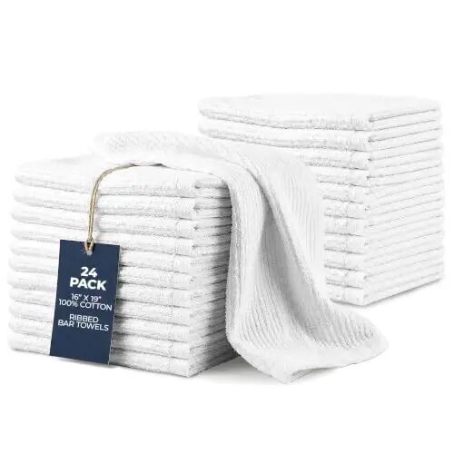 Avalon Towels Ribbed Bar Mop Towels, White Bar Towels, 16x19, Pack of 24 | Absorbent Terry Cloth Rags, Multipurpose Bar Towels for Bartenders, Kitchen Rags, Machine Washable, Commercial-Grade - Avalon Towels