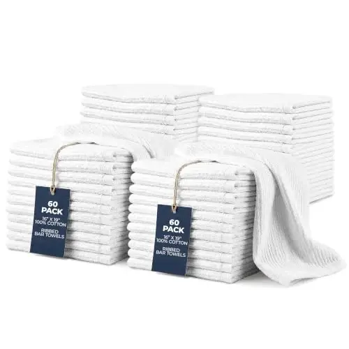 Avalon Towels Ribbed Bar Mop Towels, White Bar Towels, 16x19, Pack of 60 | Absorbent Terry Cloth Rags, Multipurpose Bar Towels for Bartenders, Kitchen Rags, Machine Washable, Commercial-Grade - 1