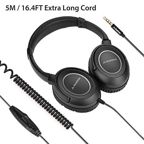 Avantree HF039 Long Coiled Cord Headphones for TV and PC with Volume Control, Stero/Mono Control, 16.4 Feet / 5M Extended Range Cable, 3.5mm AUX Audio, Stereo Sound Spiral Wired Over Ear Headphones - Avantree (1)