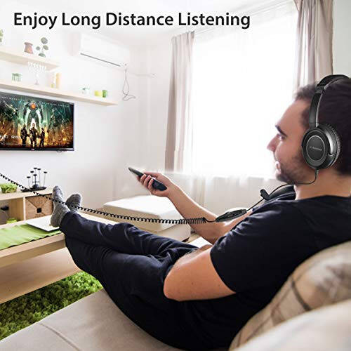 Avantree HF039 Uzoq Spiralli Simli Quloqchinlar TV va Kompyuter uchun Ovoz Balandligi Nazorati, Stereo / Mono Nazorati, 16,4 fut / 5m Kengaytirilgan Diapazon Simi, 3.5mm AUX Audio, Stereo Ovoz Spiralli Simli Quloqchinlar - 3