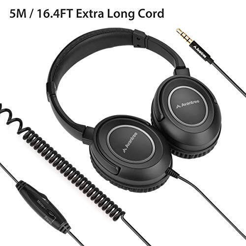 Avantree HF039 Long Coiled Cord Headphones for TV and PC with Volume Control, Stero/Mono Control,16.4 Feet / 5M Extended Range Cable, 3.5mm AUX Audio, Stereo Sound Spiral Wired Over Ear Headphones - 2