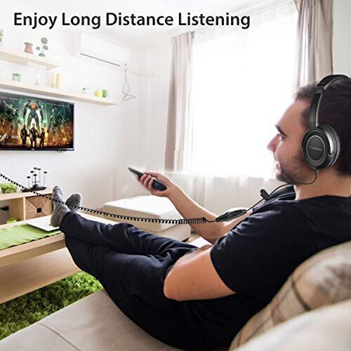 Avantree HF039 Long Coiled Cord Headphones for TV and PC with Volume Control, Stero/Mono Control,16.4 Feet / 5M Extended Range Cable, 3.5mm AUX Audio, Stereo Sound Spiral Wired Over Ear Headphones - 3