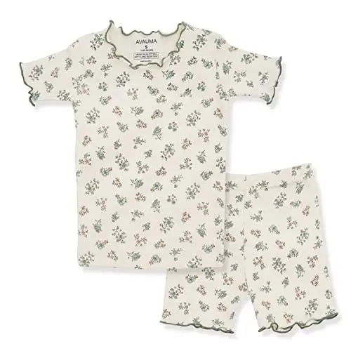 AVAUMA Baby Boy Girl Pajama Set 6M-7T Kids Cute Toddler Snug fit Flower Pattern Design Pjs Cotton Sleepwear Ruffled Shirring - 1