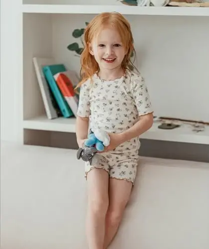 AVAUMA Baby Boy Girl Pajama Set 6M-7T Kids Cute Toddler Snug fit Flower Pattern Design Pjs Cotton Sleepwear Ruffled Shirring - 4