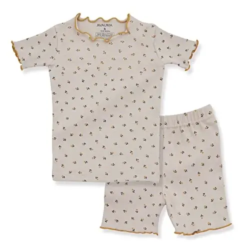 AVAUMA Baby Boy Girl Pajama Set 6M-7T Kids Cute Toddler Snug fit Flower Pattern Design Pjs Cotton Sleepwear Ruffled Shirring - 1