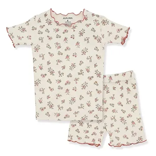 AVAUMA Baby Boy Girl Pajama Set 6M-7T Kids Cute Toddler Snug fit Flower Pattern Design Pjs Cotton Sleepwear Ruffled Shirring - 1