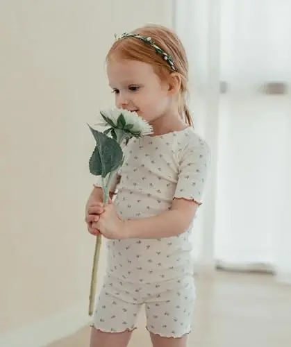 AVAUMA Bebek Erkek Kız Pijama Takımı 6Ay-7Yaş Çocuk Sevimli Küçük Çocuk Vücuda Oturan Çiçek Desenli Pijama Pamuklu Uyku Giyim Fırfırlı Büzgülü - 5