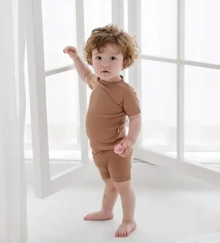 AVAUMA Bebek Kısa Pijama Takımı Bebek Erkek Kız Çocuklar Dar Kesim Nervürlü Pijama Günlük Yaşam Tarzı için - 4
