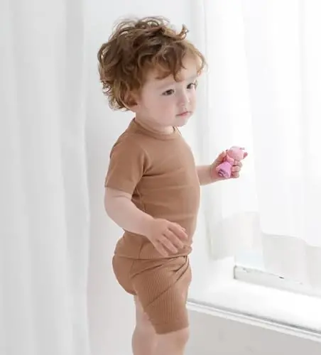 AVAUMA Bebek Kısa Pijama Takımı Bebek Erkek Kız Çocuklar Dar Kesim Nervürlü Pijama Günlük Yaşam Tarzı için - 5