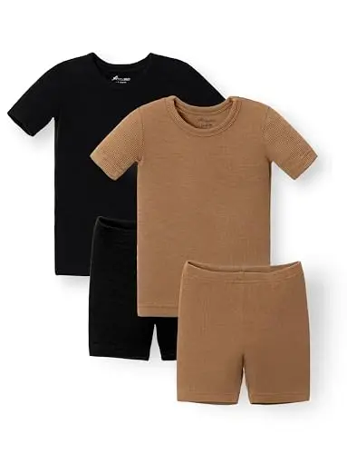 AVAUMA Chaqaloq O'g'il Bolalar Qizlar Pijamasi To'plami Bolalar Toddler Yumshoq Moslashgan Qovurg'ali Uyqu Kiyimlari Kundalik Hayot Uslubi Uchun (Tuxumrang, Qora 2T) (2 Paket-Short) - 1