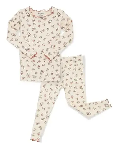 AVAUMA Erkek Bebek Kız Pijama Takımı 6Ay-7Yaş Çocuk Sevimli Küçük Çocuk Dar Kesim Çiçek Desenli Pijama Pamuklu Ev Giyim Fırfırlı Büzgülü - 1