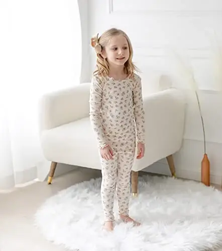 AVAUMA Erkek Bebek Kız Pijama Takımı 6Ay-7Yaş Çocuk Sevimli Küçük Çocuk Dar Kesim Çiçek Desenli Pijama Pamuklu Ev Giyim Fırfırlı Büzgülü - 4