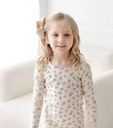 AVAUMA Erkek Bebek Kız Pijama Takımı 6Ay-7Yaş Çocuk Sevimli Küçük Çocuk Dar Kesim Çiçek Desenli Pijama Pamuklu Ev Giyim Fırfırlı Büzgülü - 5