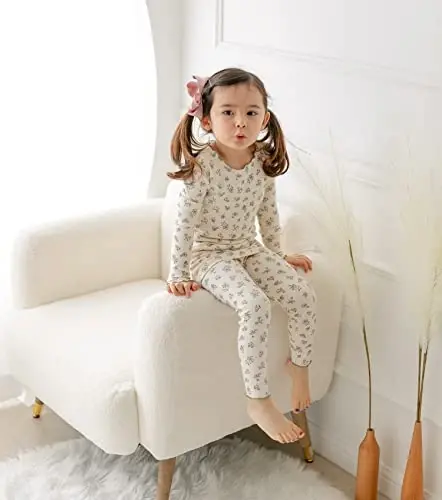 AVAUMA Baby Boy Girl Pajama Set 6M-7T Kids Cute Toddler Snug fit Flower Pattern Design Pjs Cotton Sleepwear Ruffled Shirring - 2