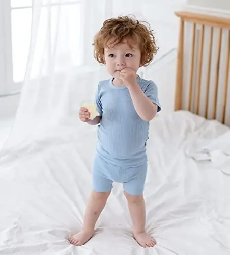 AVAUMA Küçük Çocuk Kısa Pijama Takımı Bebek Erkek Kız Çocuklar için Vücuda Oturan Fitilli Pijama Günlük Yaşam Tarzı için - 4